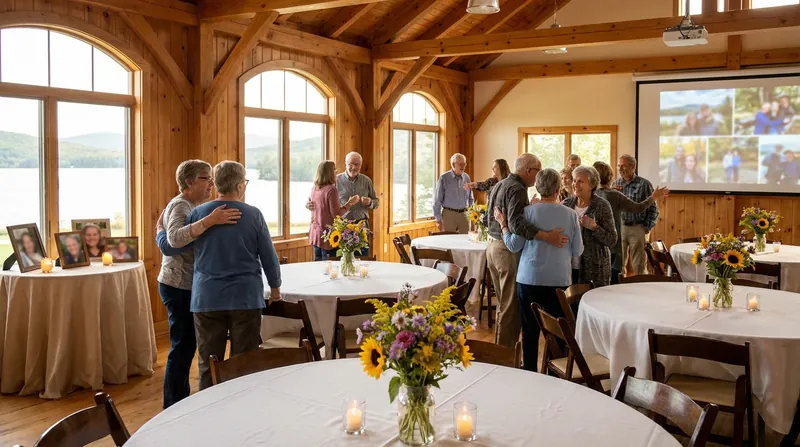 Family and friends sharing hugs and stories at a celebration of life, with a memory table of photos and candles