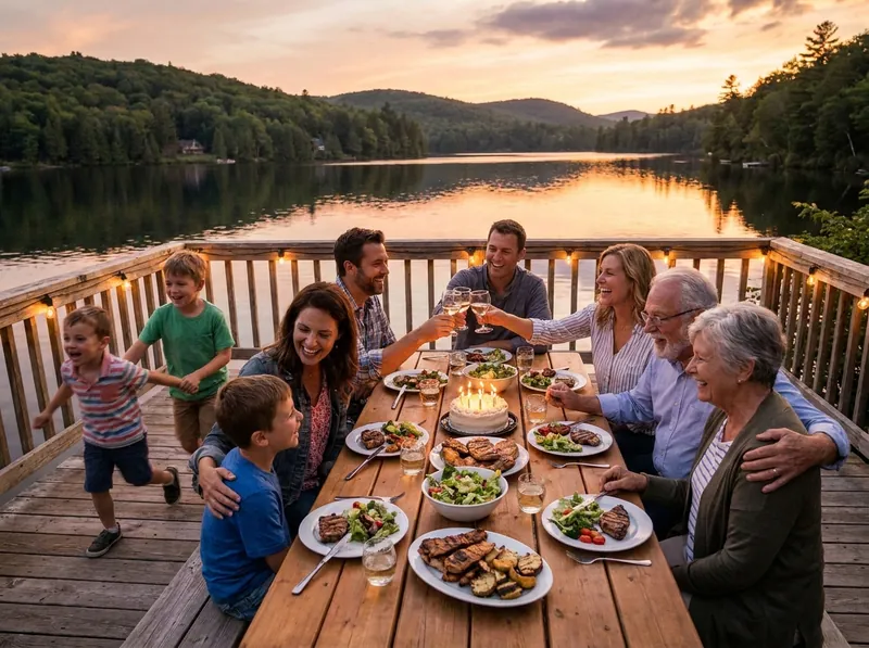 Three generations toasting at a lakeside deck dinner with a birthday cake and kids running past at sunset