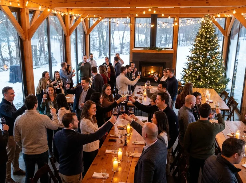Co-workers raising wine glasses at a holiday party in a wood-and-glass room with a lit tree and snow outside