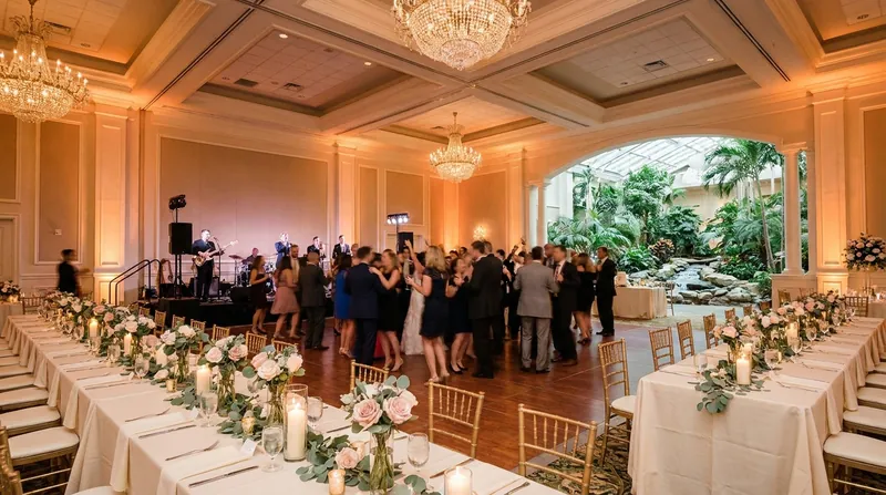 Guests dancing to a live band in a chandelier-lit hotel ballroom, with long tables of candles and blush roses and a tropical garden atrium beyond