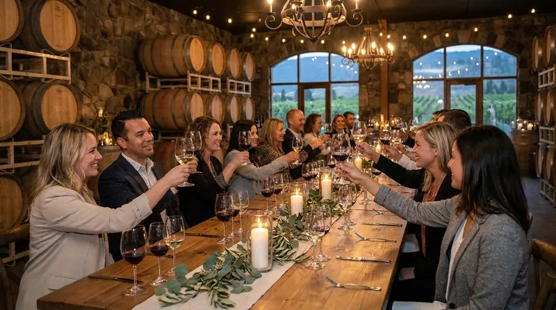Professionals toasting at a candlelit harvest table in a winery barrel room with vineyard views